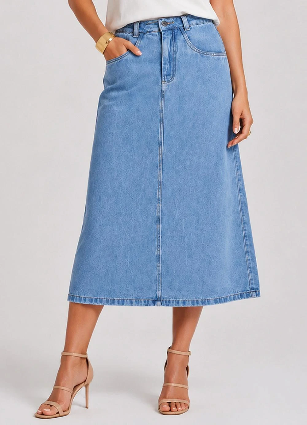 Rovitex - Saia Midi Feminina Jeans Reta sem Fenda Azul
