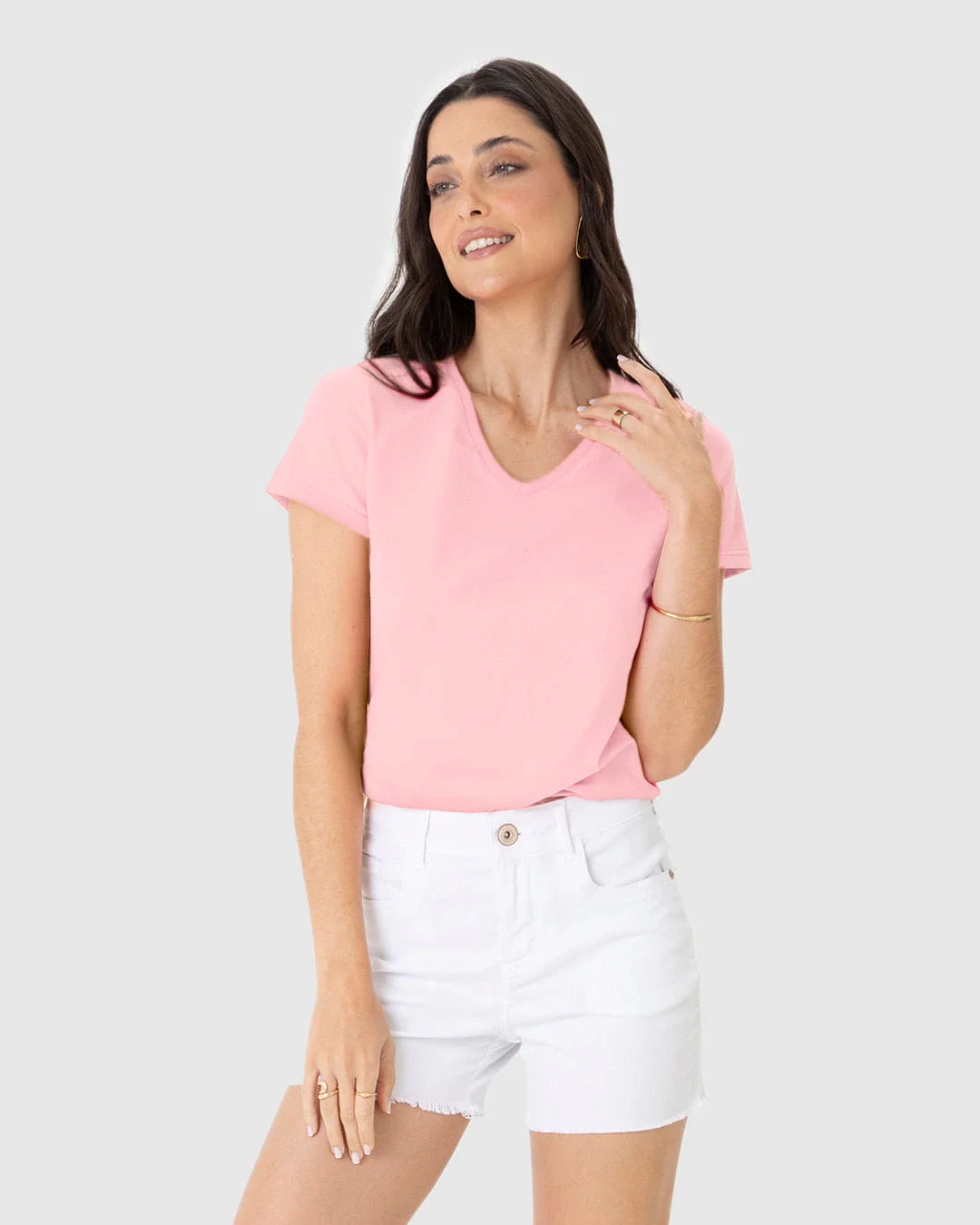 Camiseta Básica Feminina Slim Decote V Em Algodão