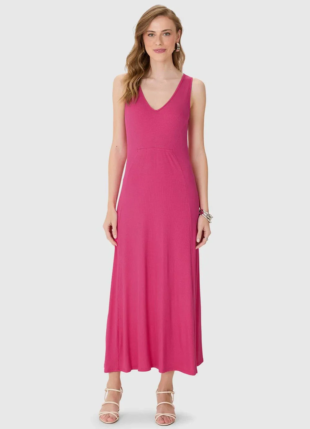 Malwee - Vestido Mídi Amplo Canelado Rosa