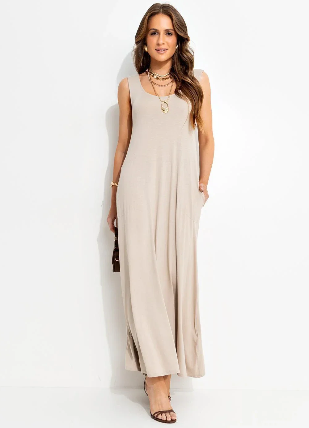Quintess - Vestido Bege em Malha de Viscose