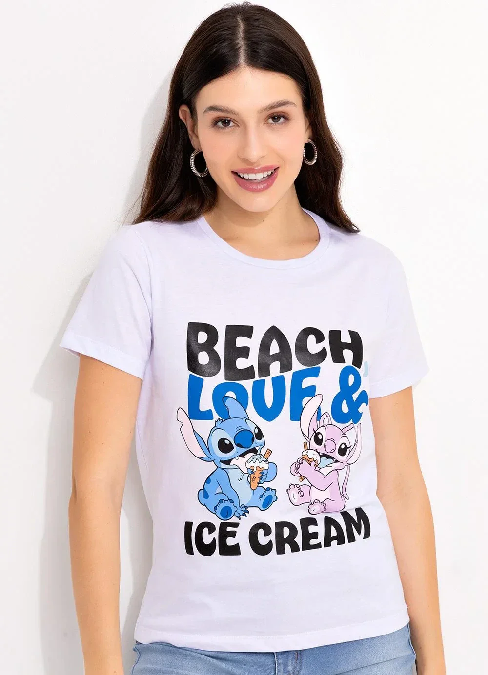 Disney - T-Shirt Branco em Malha de Algodão Penteado
