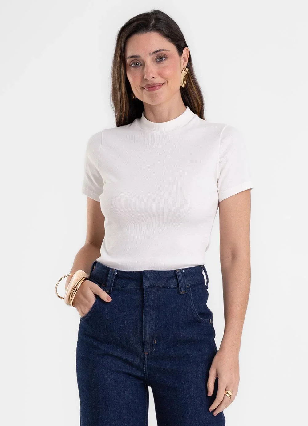 Rovitex - Blusa Feminina Básica em Ribana com Gola Bege