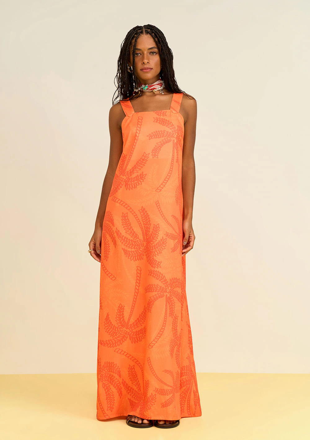 Vestido Zinco Solto Decote Reto Com Alça Midi Laranja