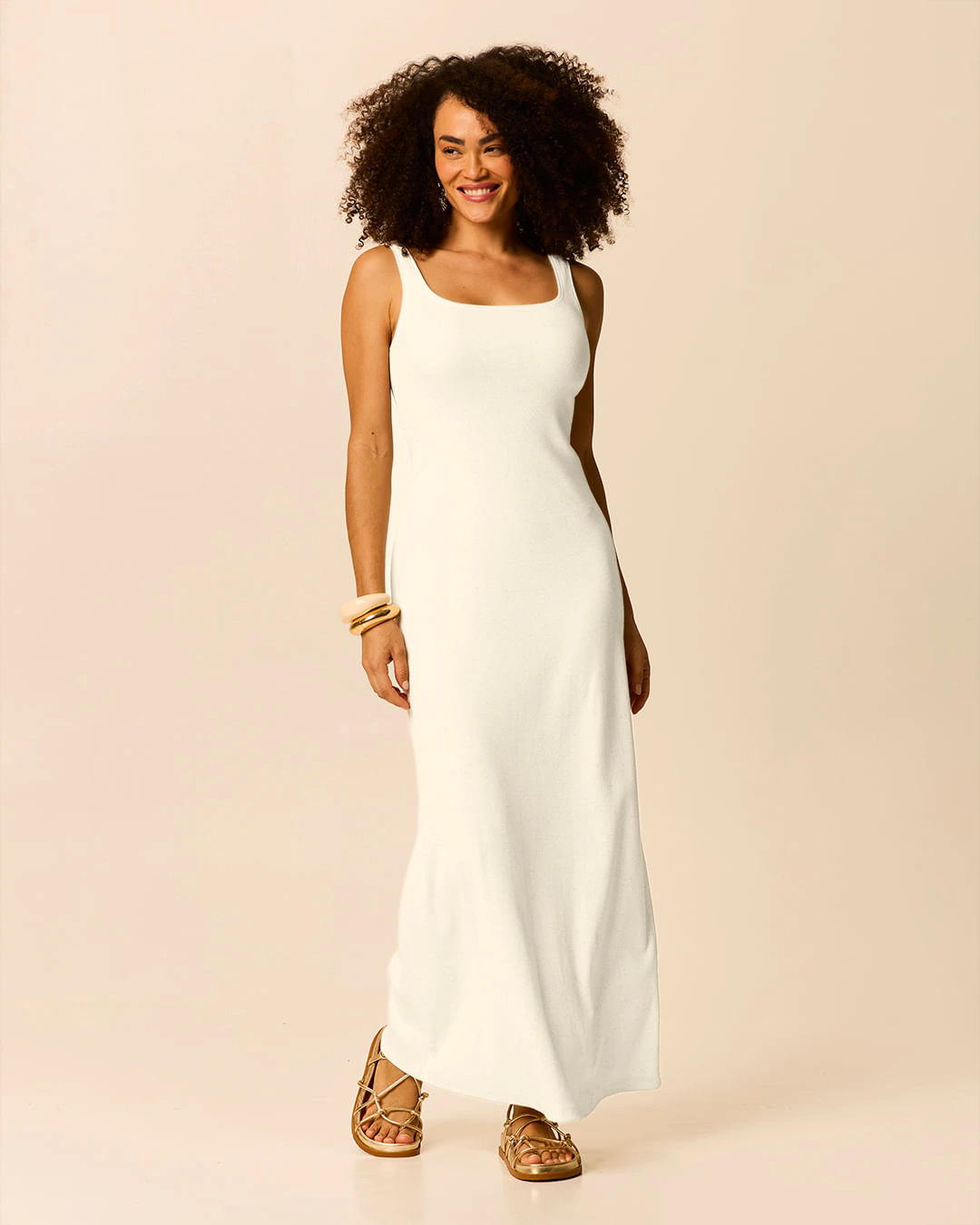 Vestido Midi Feminino Decote Quadrado Em Ribana Linho