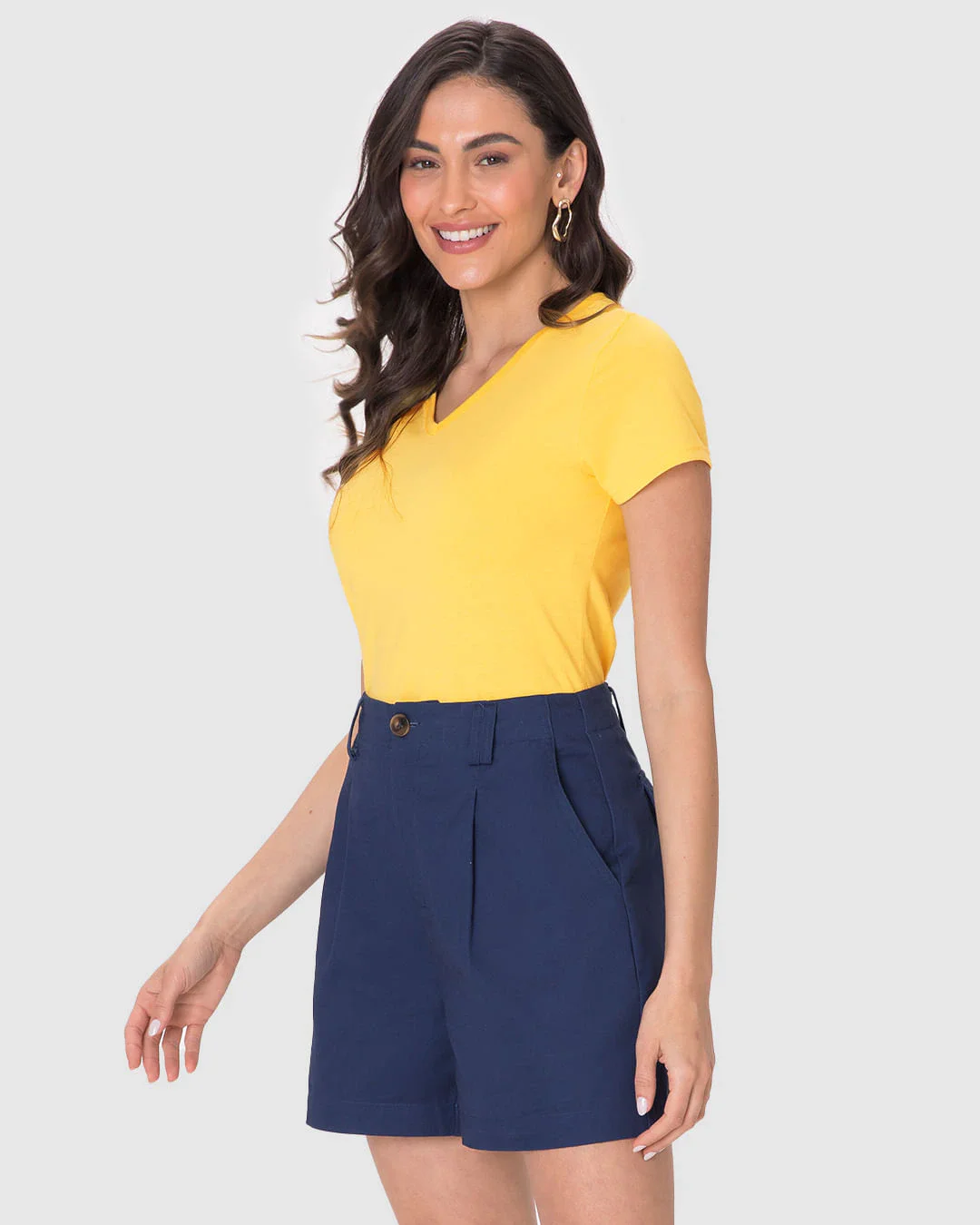 Camiseta Básica Feminina Slim Decote V Em Algodão