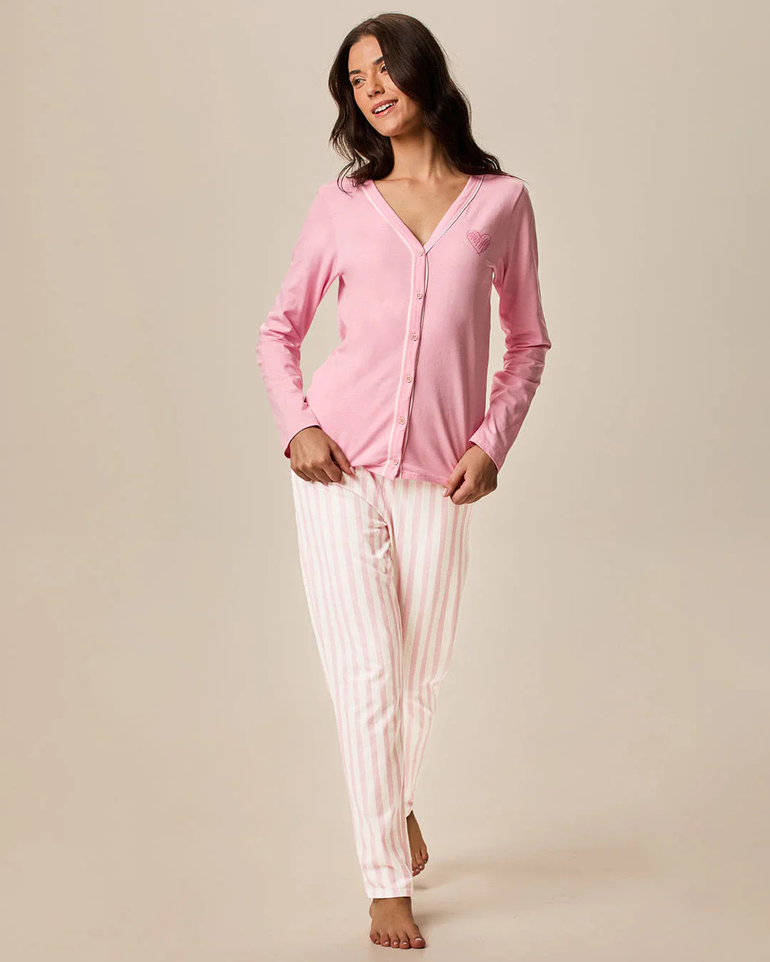 Pijama Longo Feminino Camiseta Abotoamento Frontal Em Malha 100% Algodão