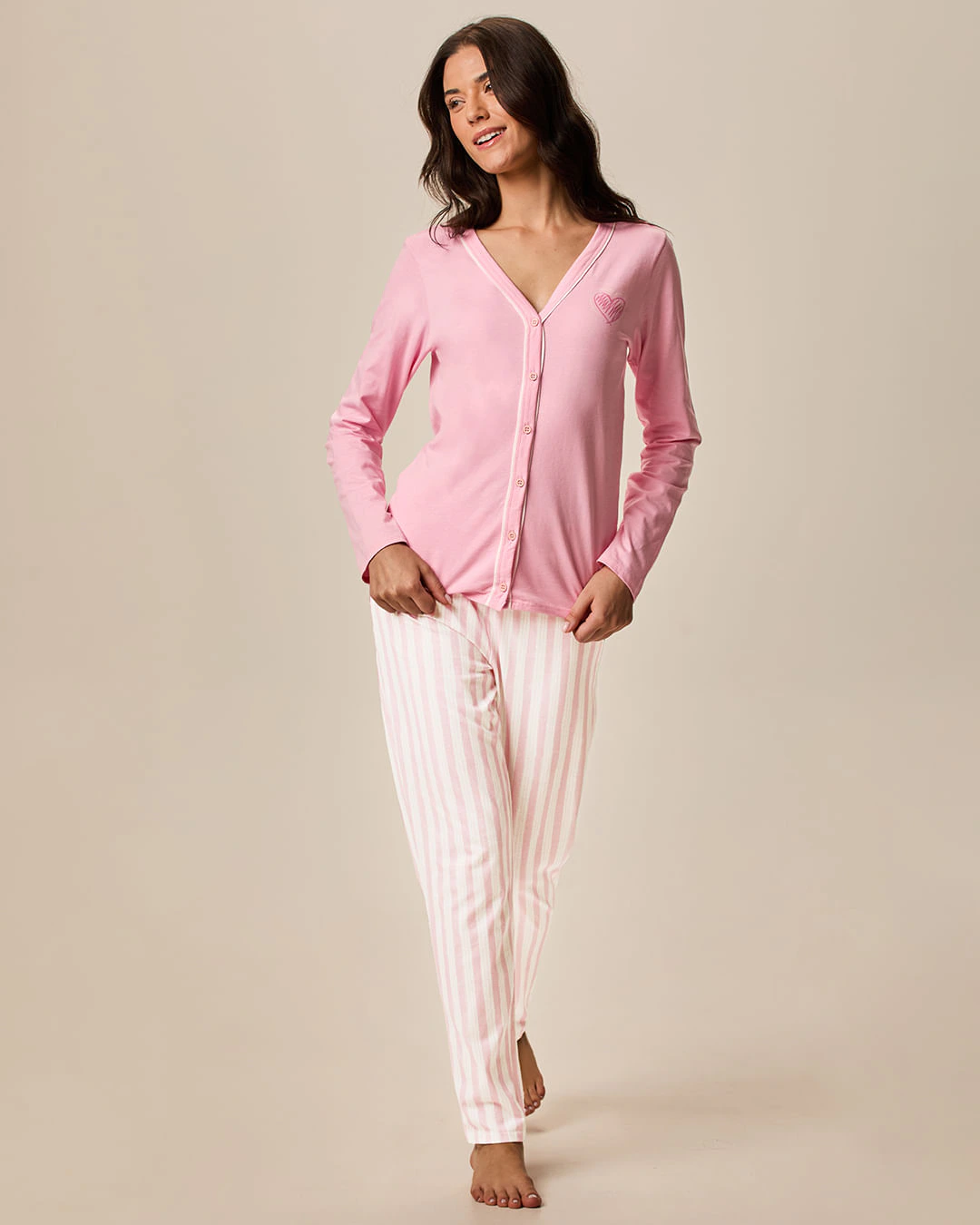 Pijama Longo Feminino Camiseta Abotoamento Frontal Em Malha 100% Algodão