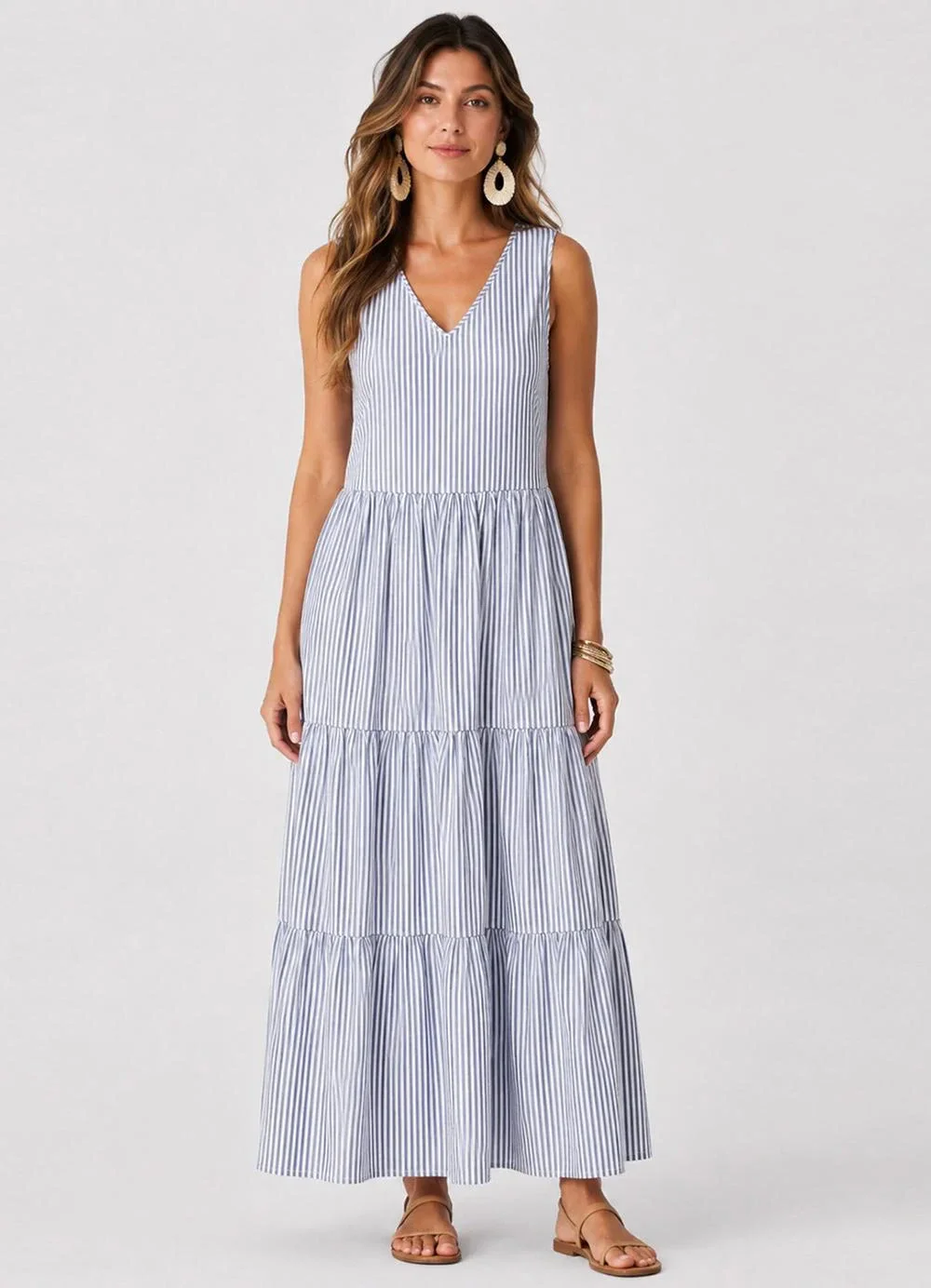 Rovitex - Vestido Midi Feminino Listrado Azul