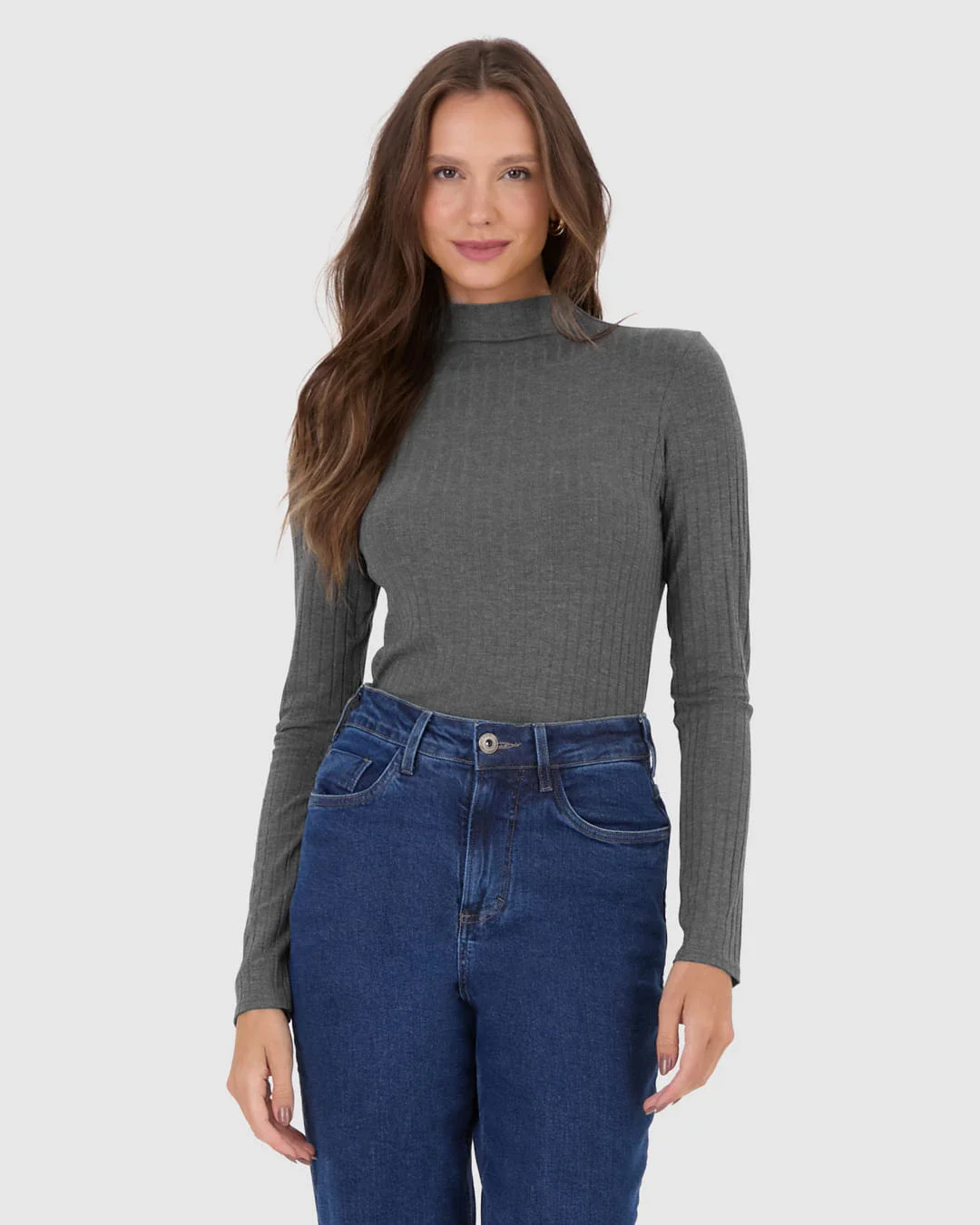 Blusa Básica Feminina Gola Alta Em Malha Canelada De Viscose