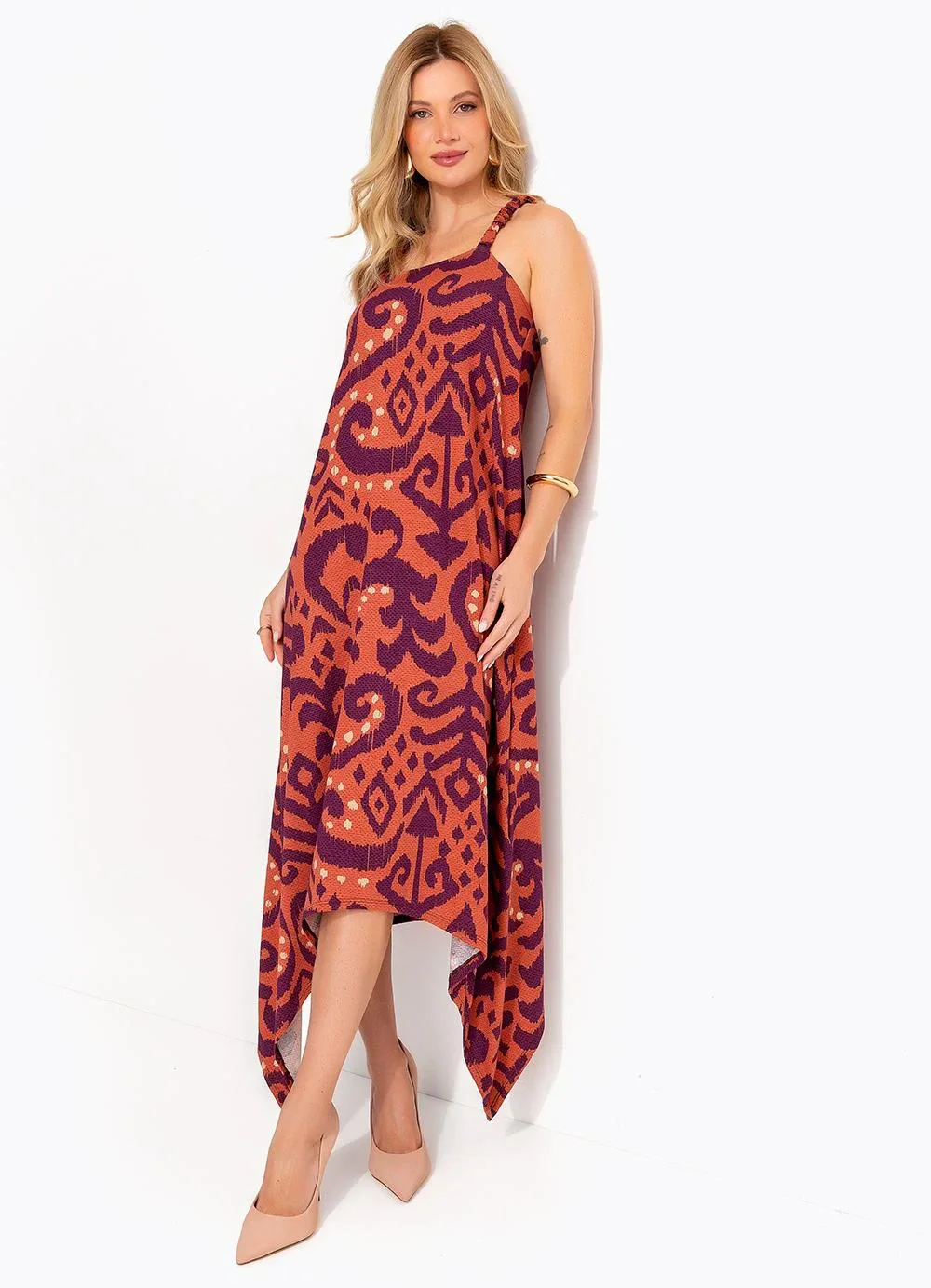 Quintess - Vestido Abstrato Laranja em Malha de Viscose