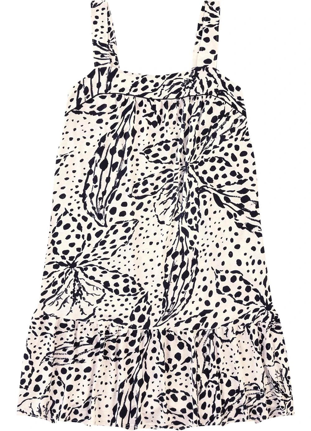 Malwee - Vestido Curto Evasê Tropical com Babado Preto