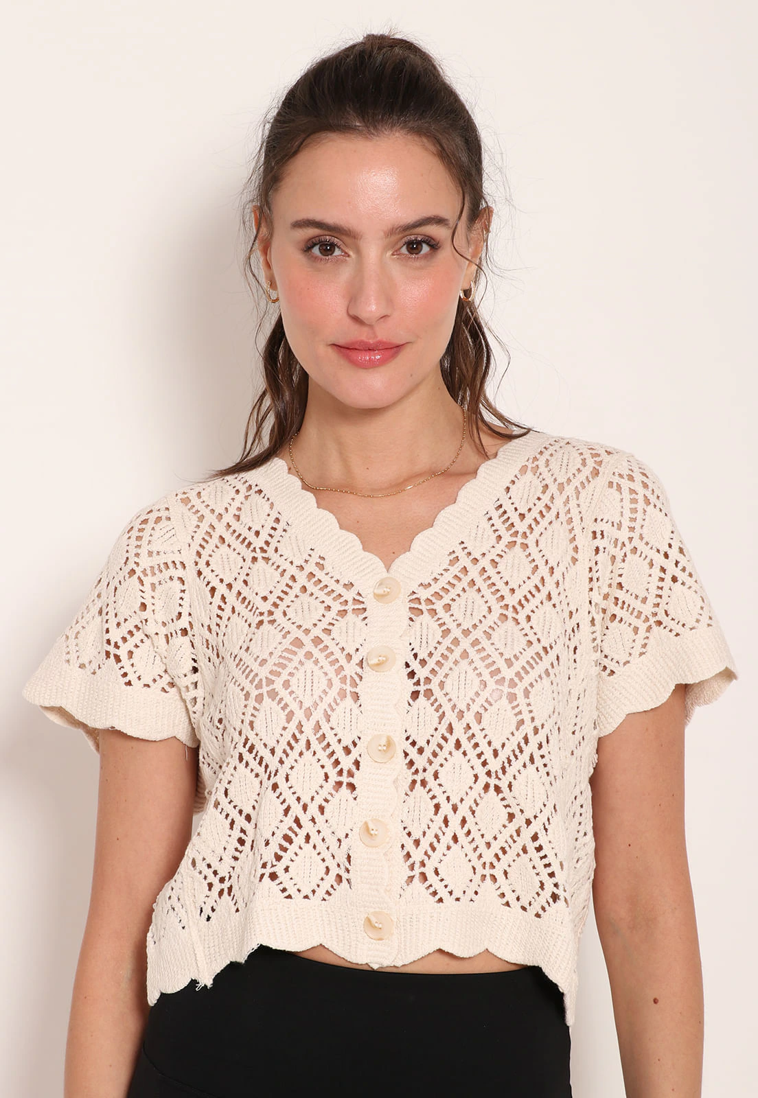 Cropped Feminino Manga Curta Rendado