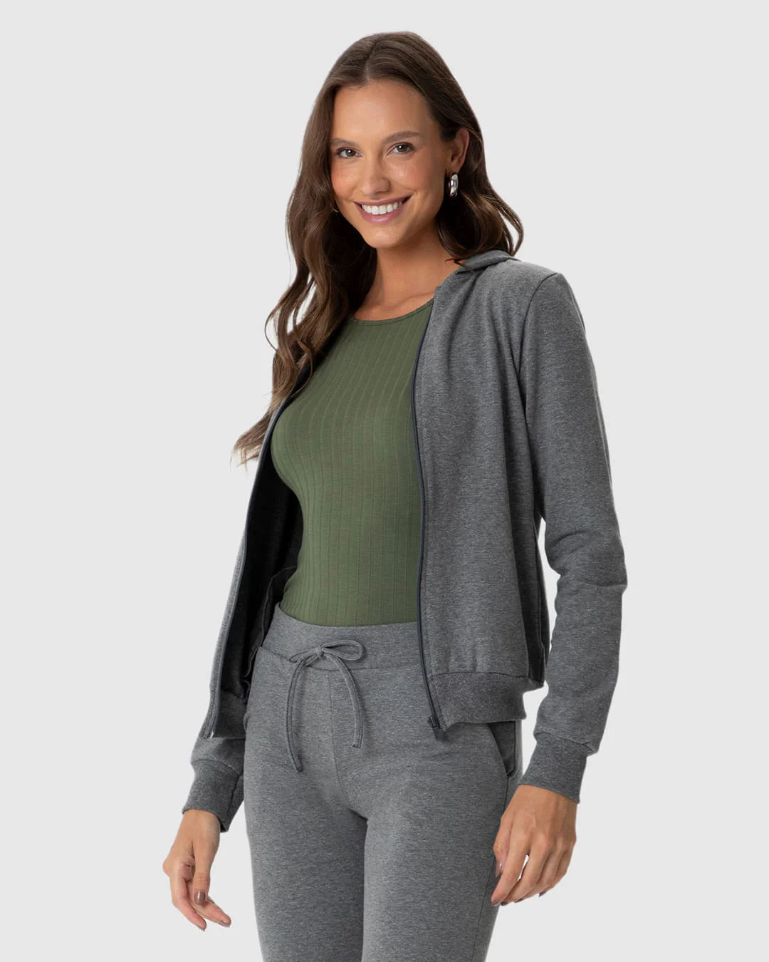 Jaqueta Básica Feminina Com Capuz Moletom Stretch Flanelado