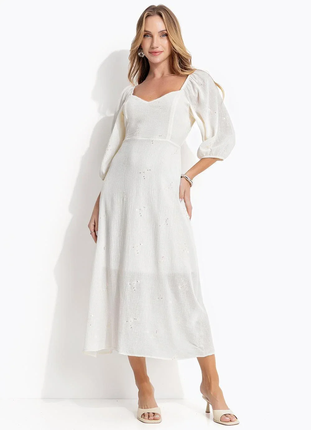 Quintess - Vestido Off White em Voil Bordado Paetê