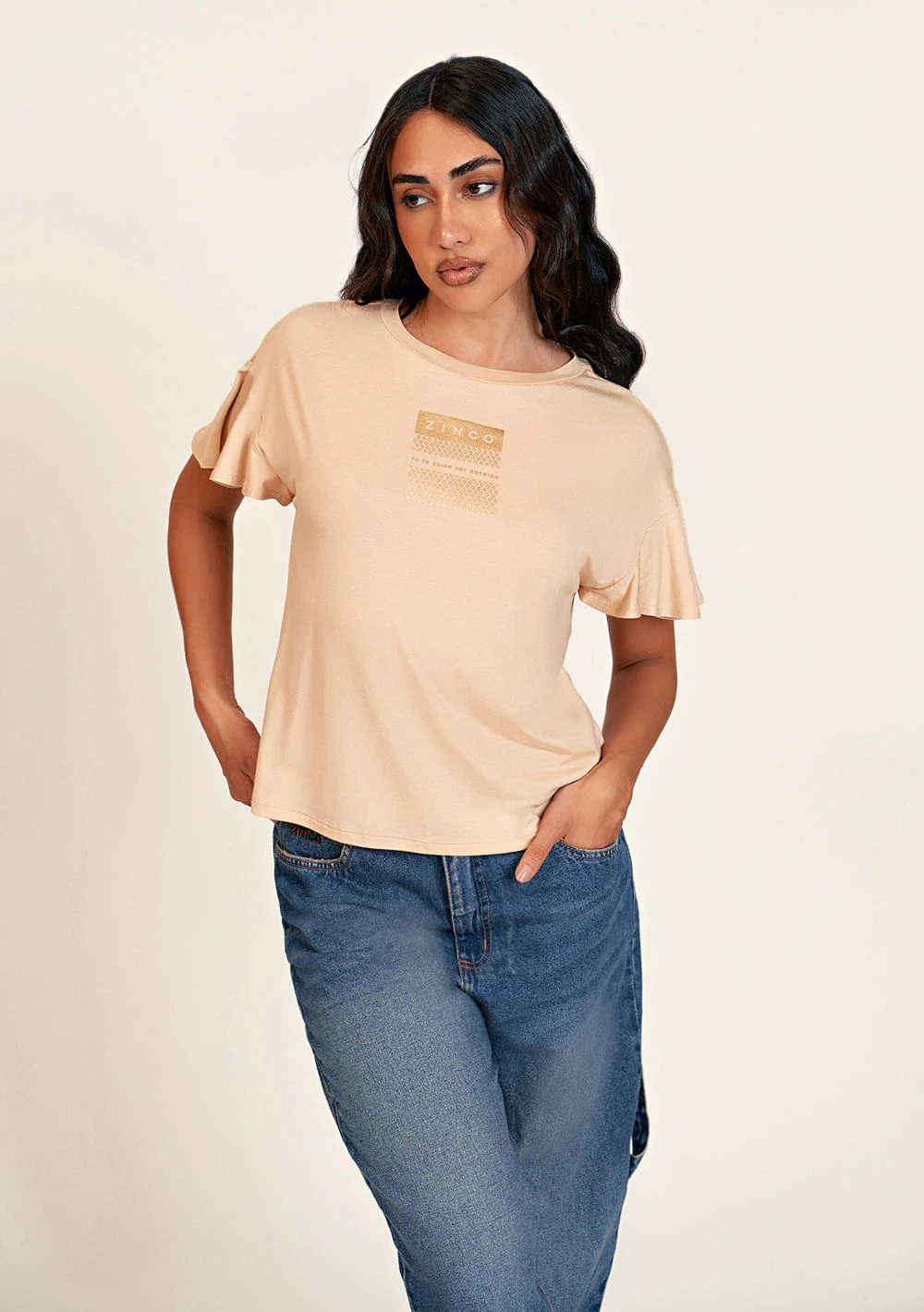 Calca Zinco Baggy Cós Alto Com Martingale Jeans