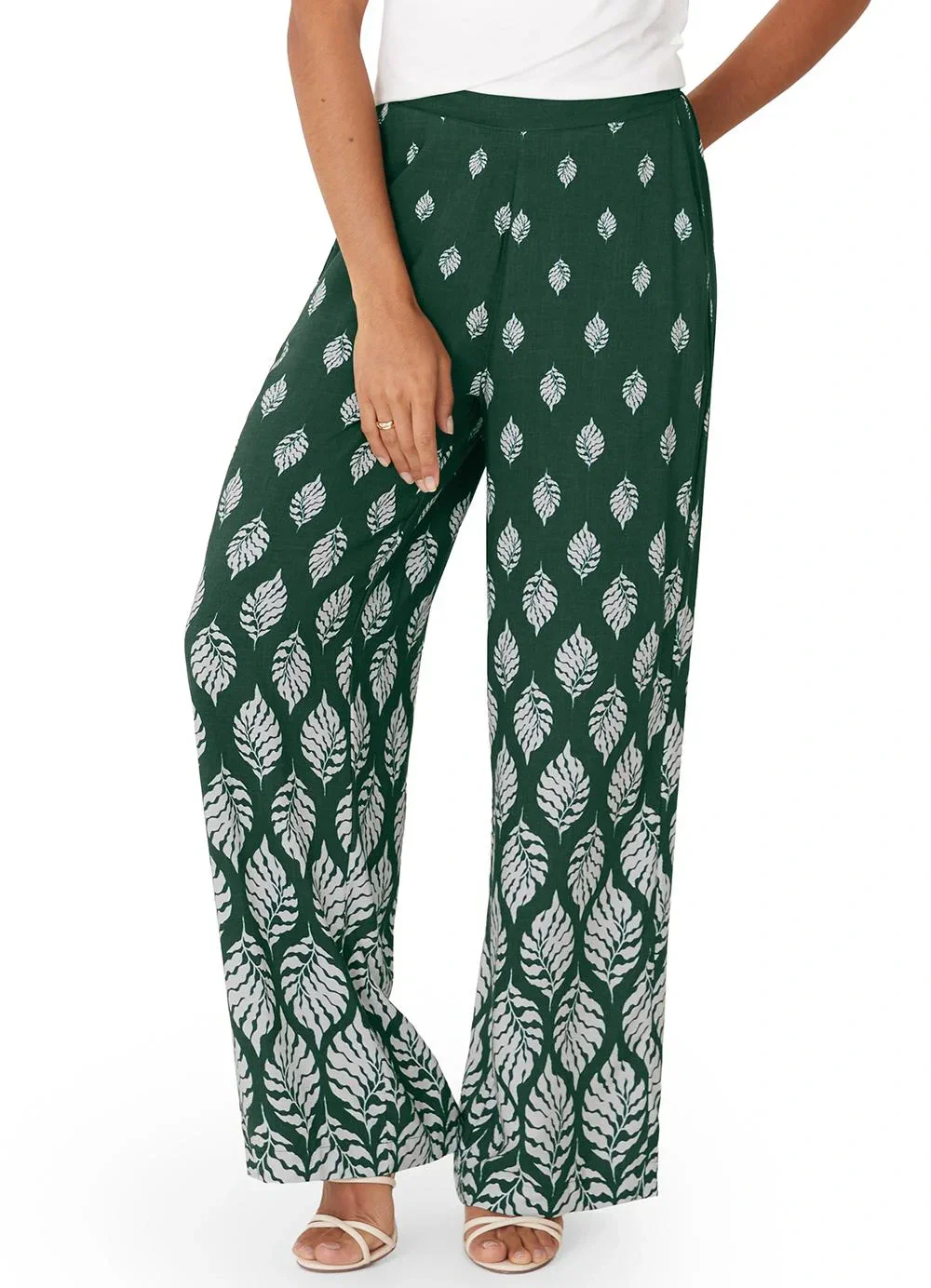 Malwee - Calça Pantalona Folhagens em Viscose Verde