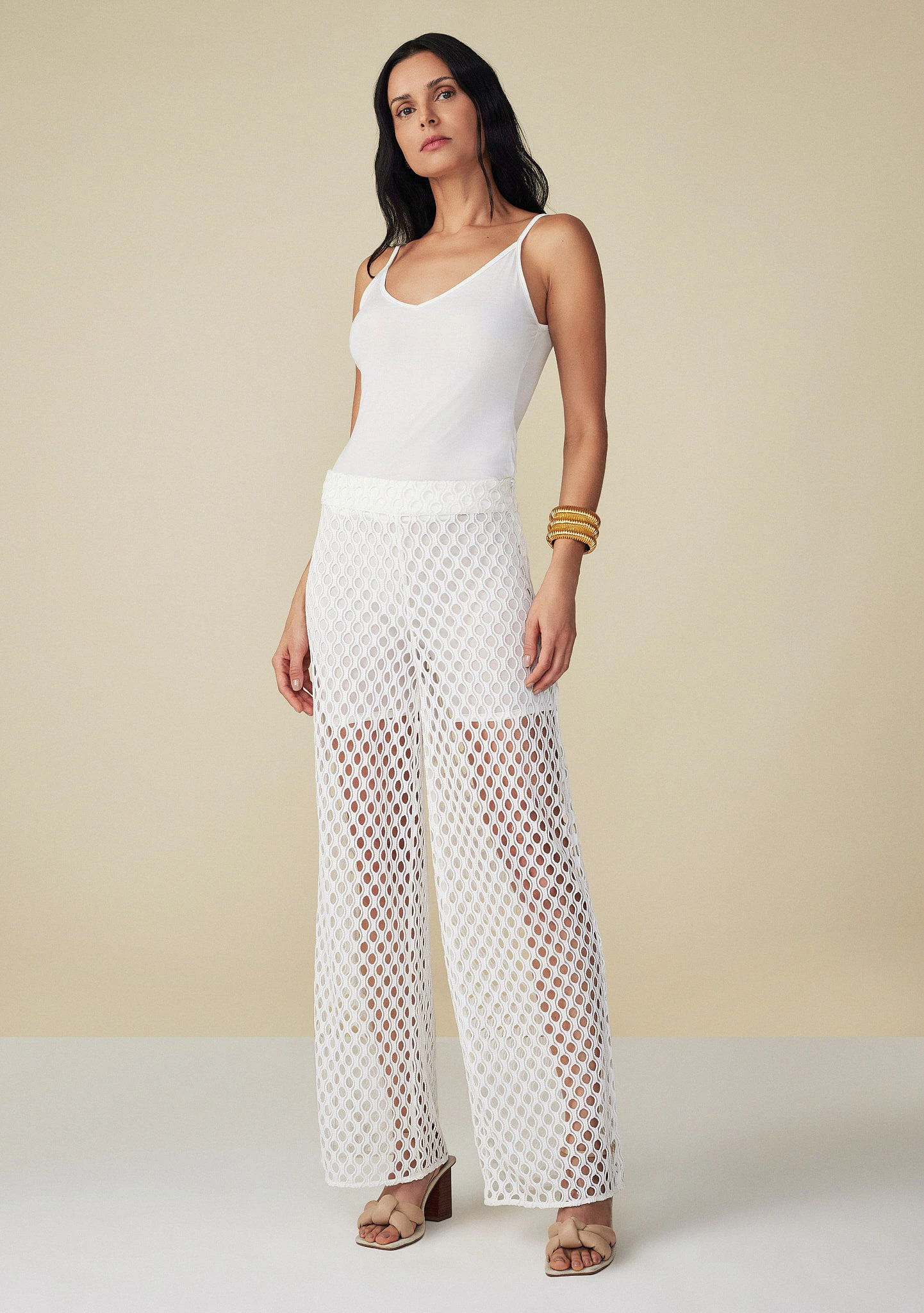 Calça Maria.Valentina Pantalona Cós Intermediário Detalhe Tela Off White