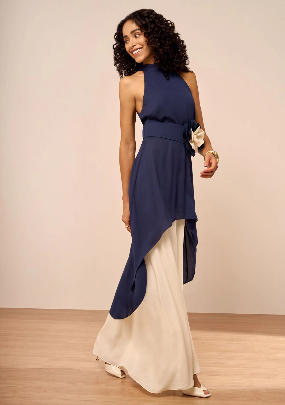 Vestido Gola Alta Dália Azul Escuro