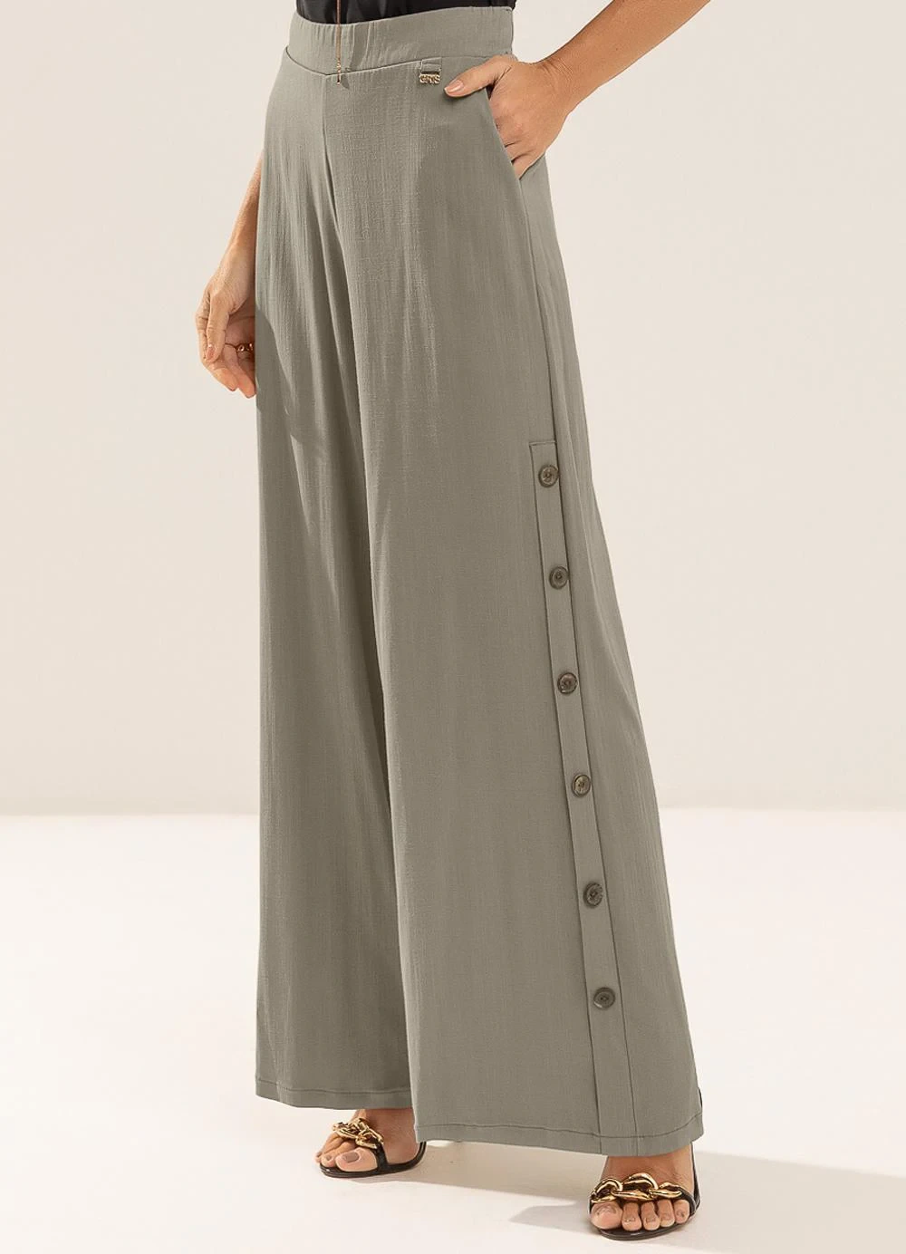 Gris - Calça Pantalona em Viscose com Elastano Cinza