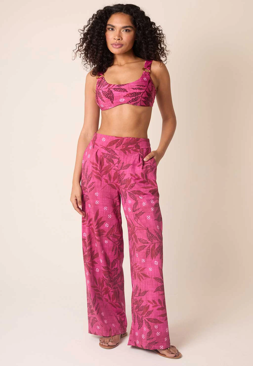 Conjunto Praia Top de Biquíni Com Argola e Calça Fluxy - Nature Print Pink