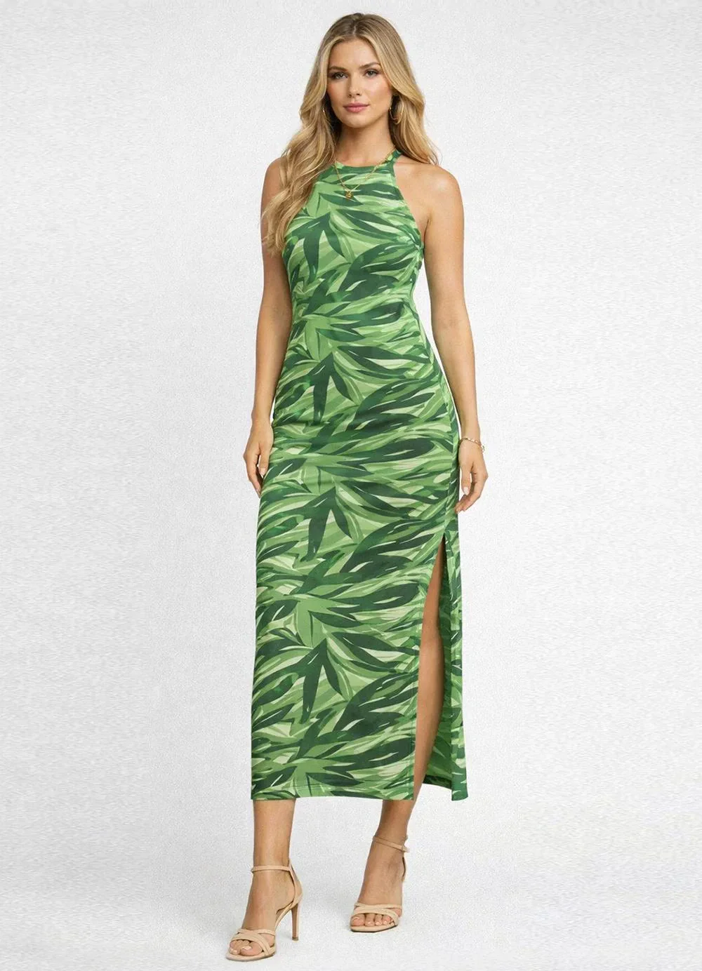 Infinita Cor - Vestido Longo Estampado sem Manga Verde
