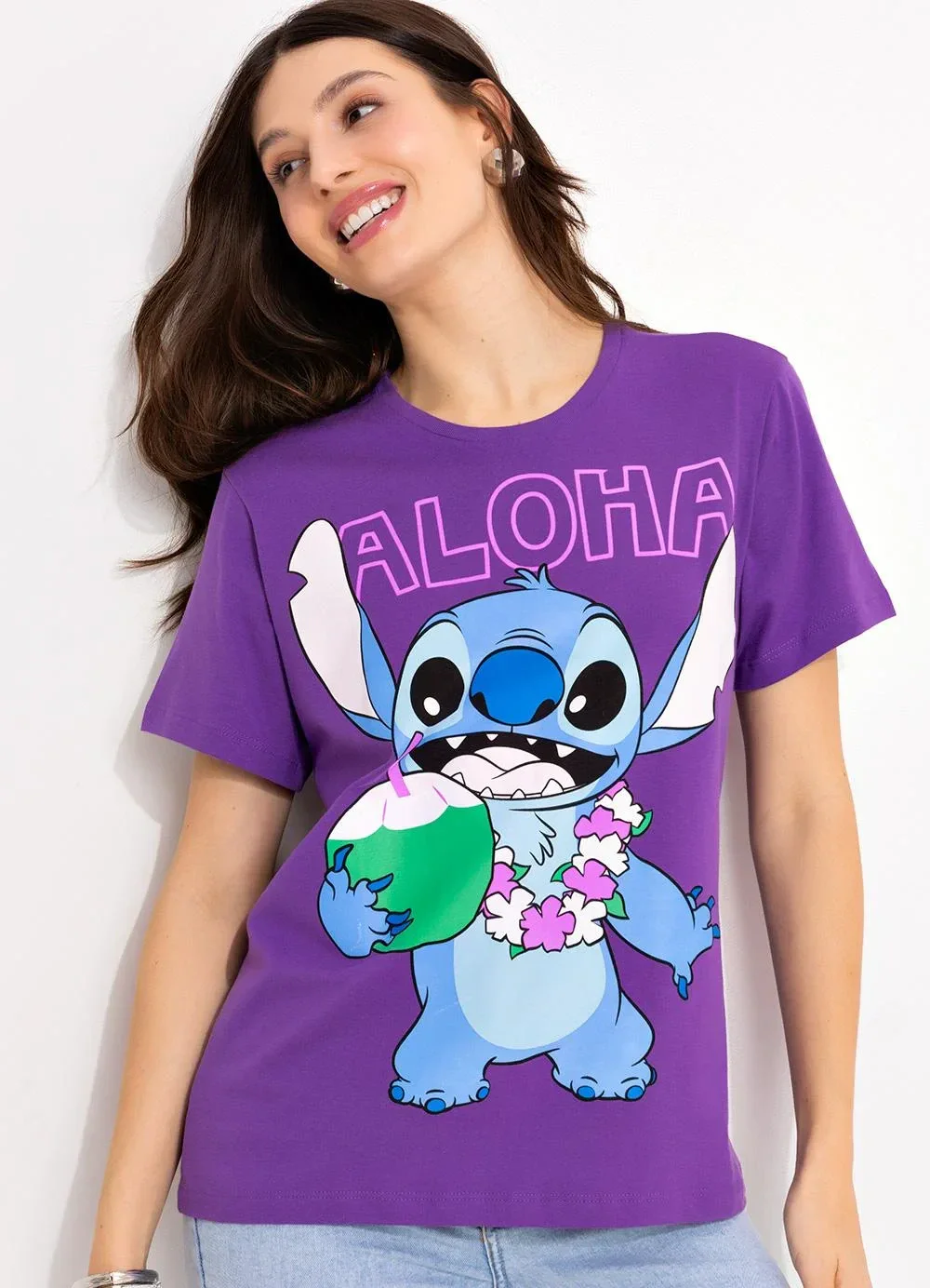 Disney - T-Shirt Roxo em Malha de Algodão Penteado