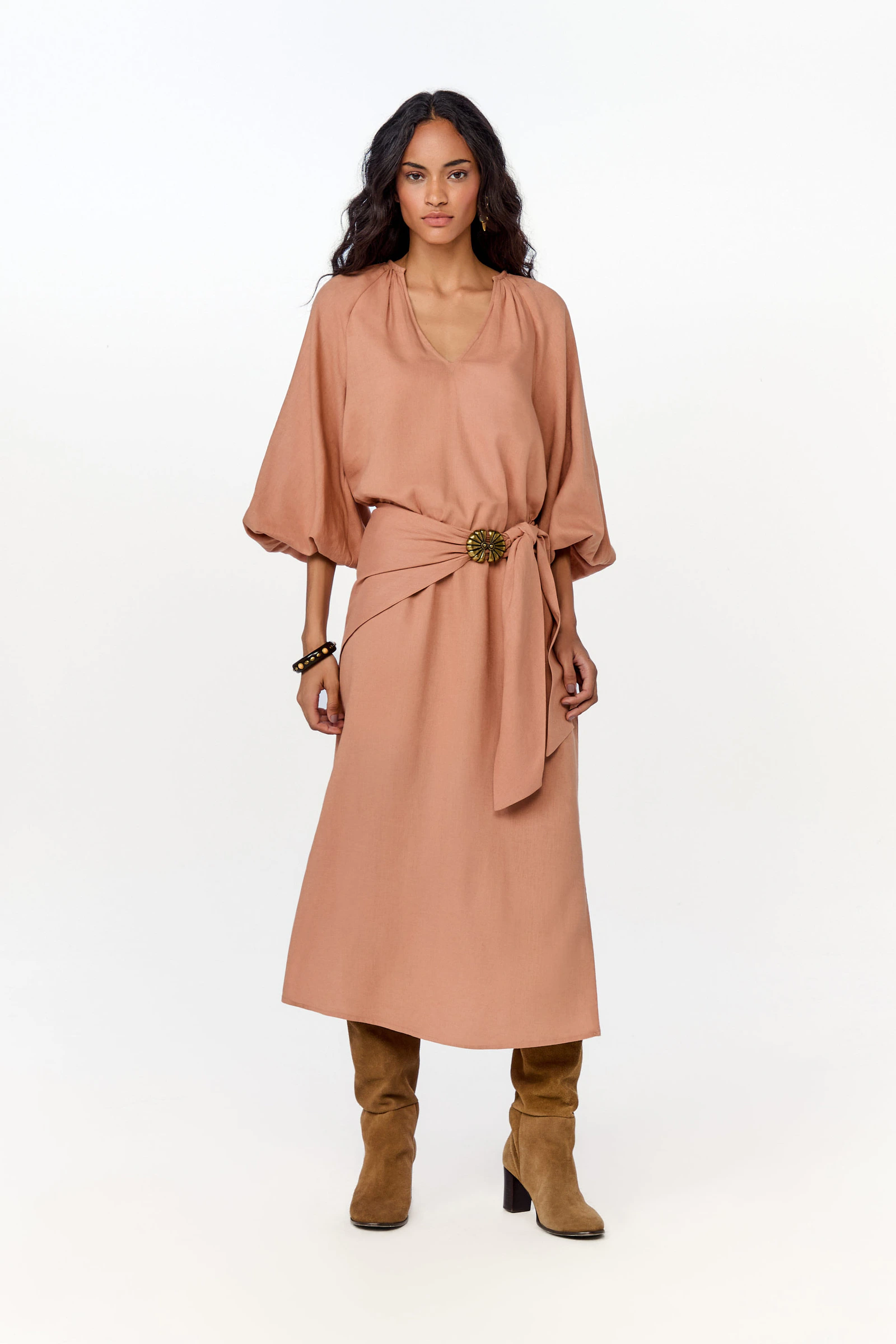 Vestido Midi Manga Bufante Lenço