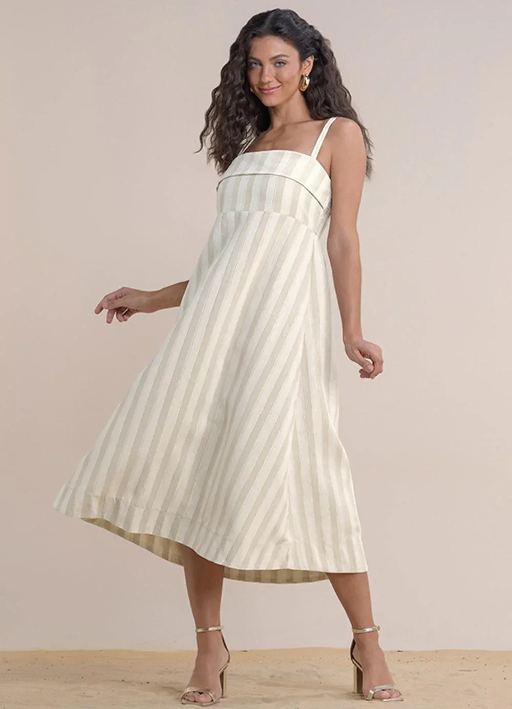 Angel - Vestido Midi Linho Listrado Bege