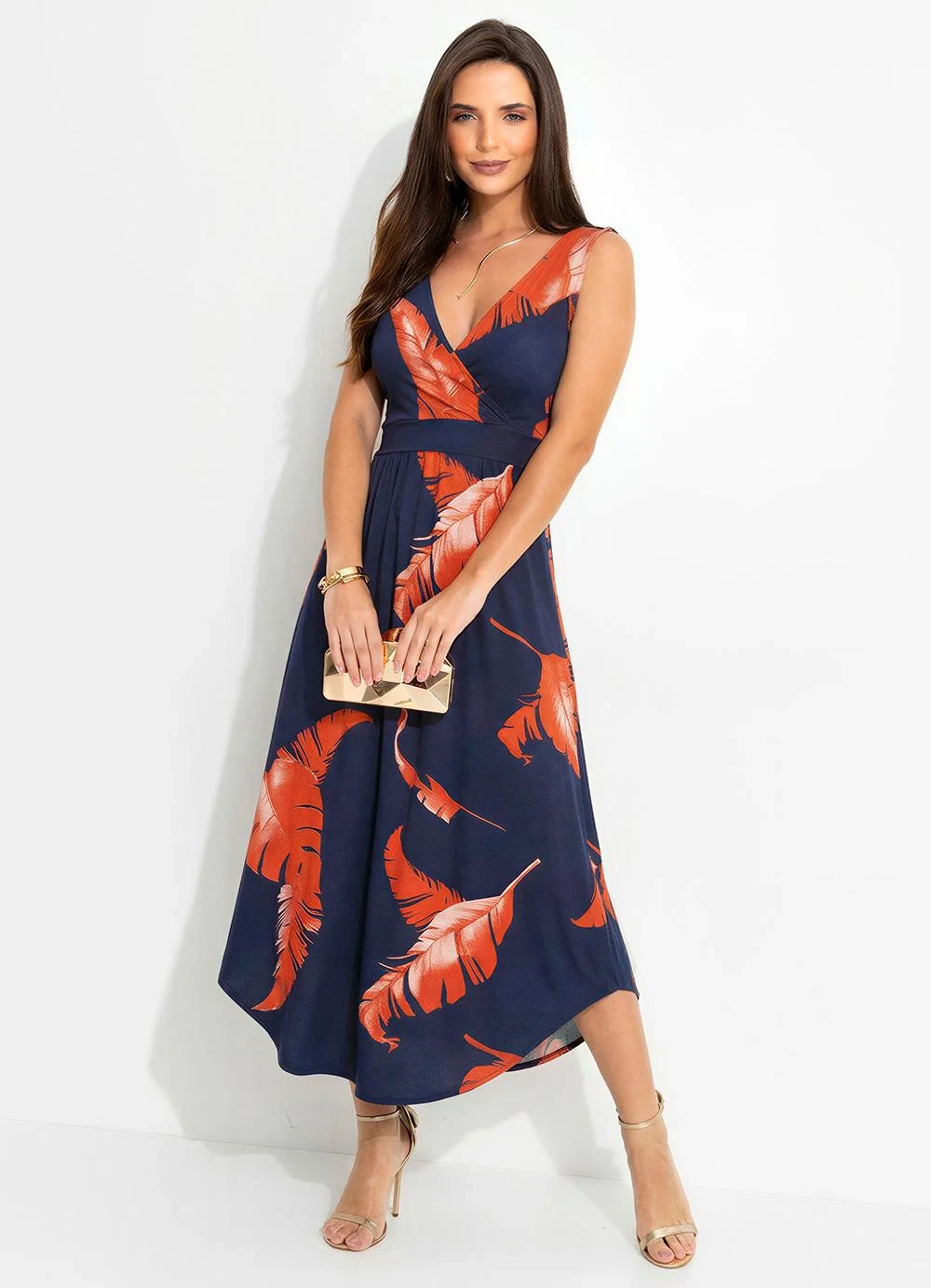 Quintess - Vestido Folhagem Marinho em Malha de Viscose