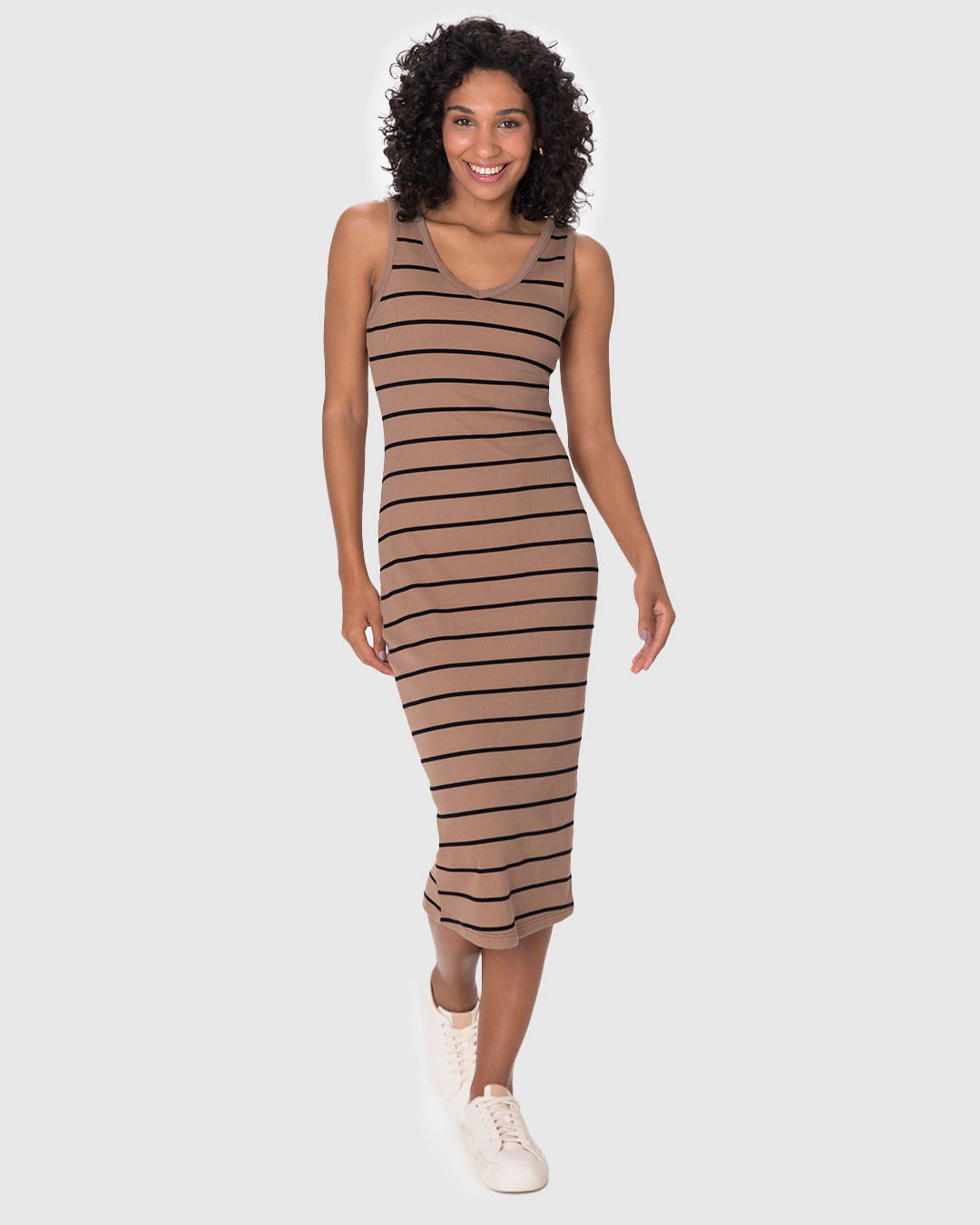 Vestido Midi Feminino Decote V Listrado Em Ribana