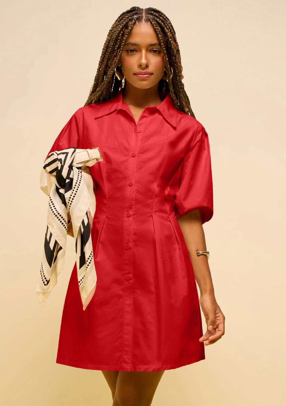 Vestido Zinco Solto Gola Clássica Manga 3 Quartos Curto Vermelho