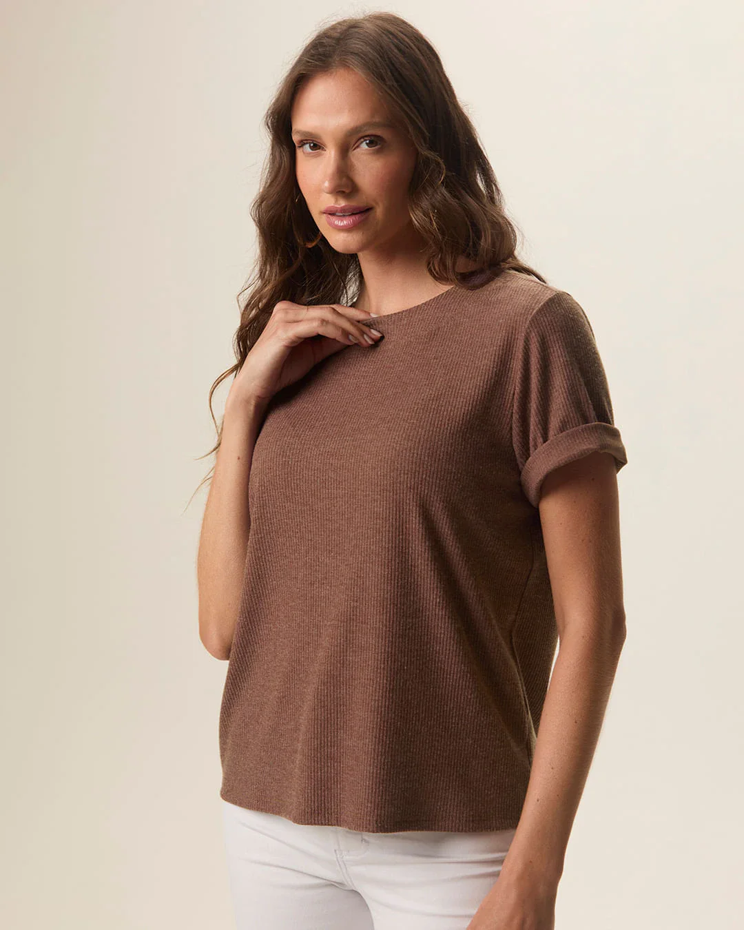 Blusa Ampla Feminina Manga Curta Em Malha Canelada Rajada