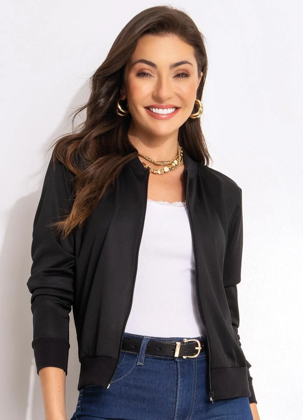 Moda Pop - Jaqueta Bomber Preto com Zíper