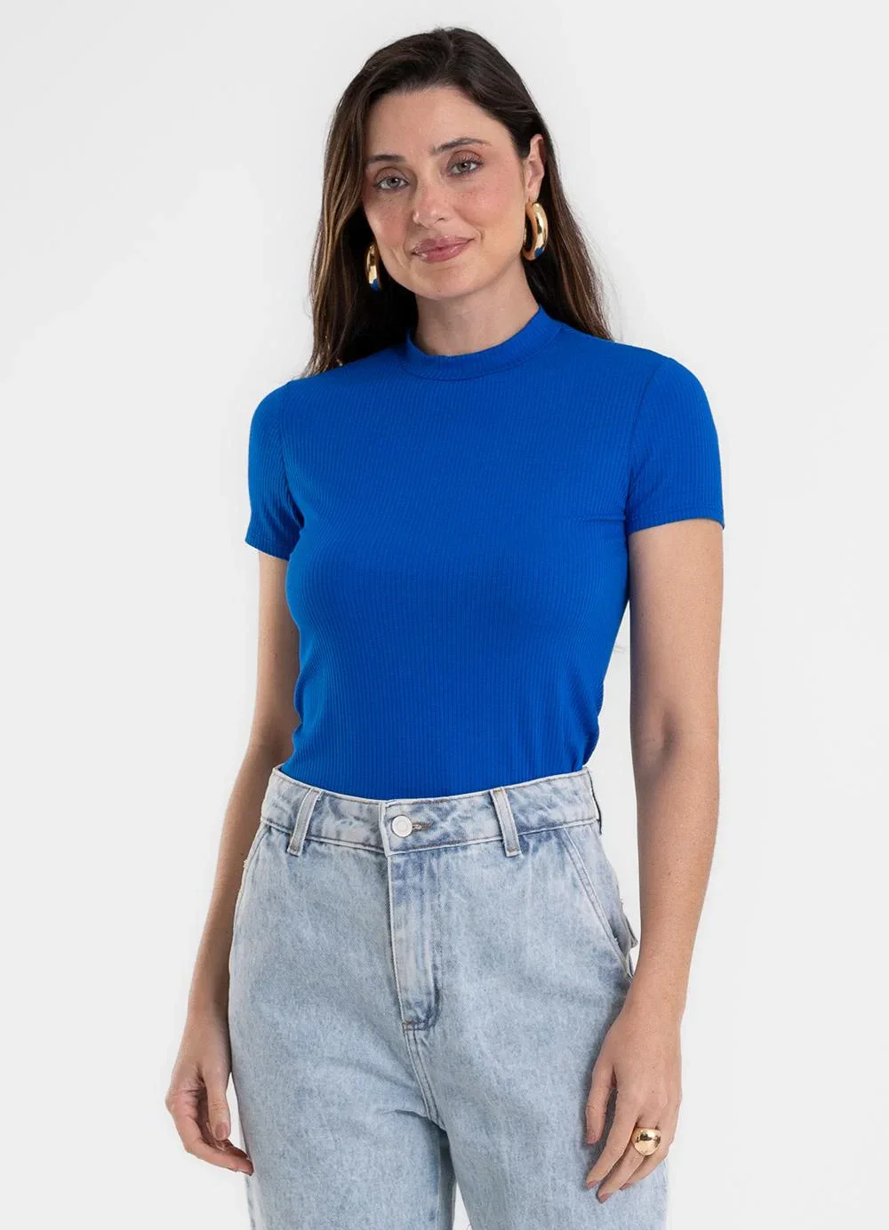 Rovitex - Blusa Feminina Canelada Ribana de Viscose Azul