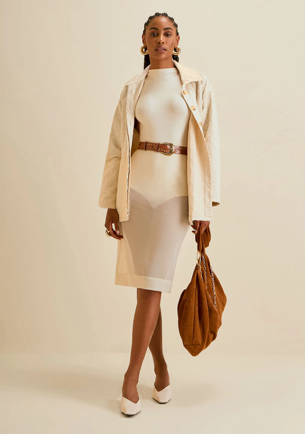 Saia Morena Rosa Lápis Alta Midi Off White