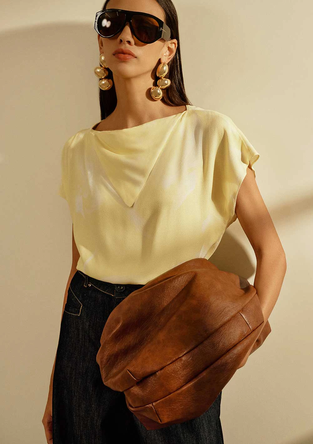 Blusa Iódice Solta Decote Reto Manga Curta Padrão Amarelo