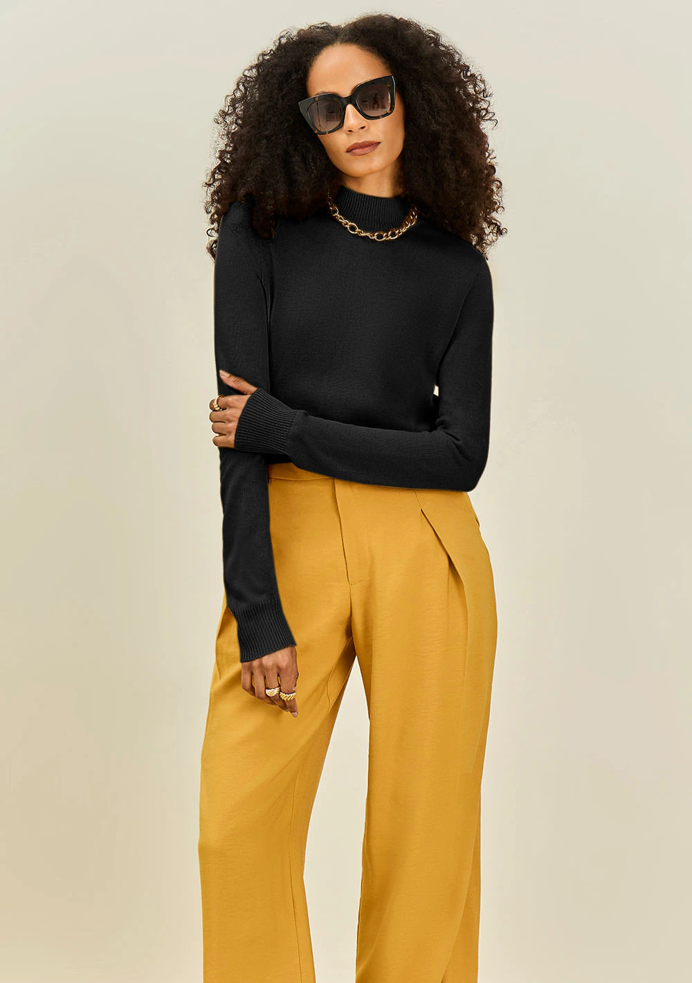 Blusa Maria.Valentina Ajustada Gola Alta Manga Longa Padrão Preto
