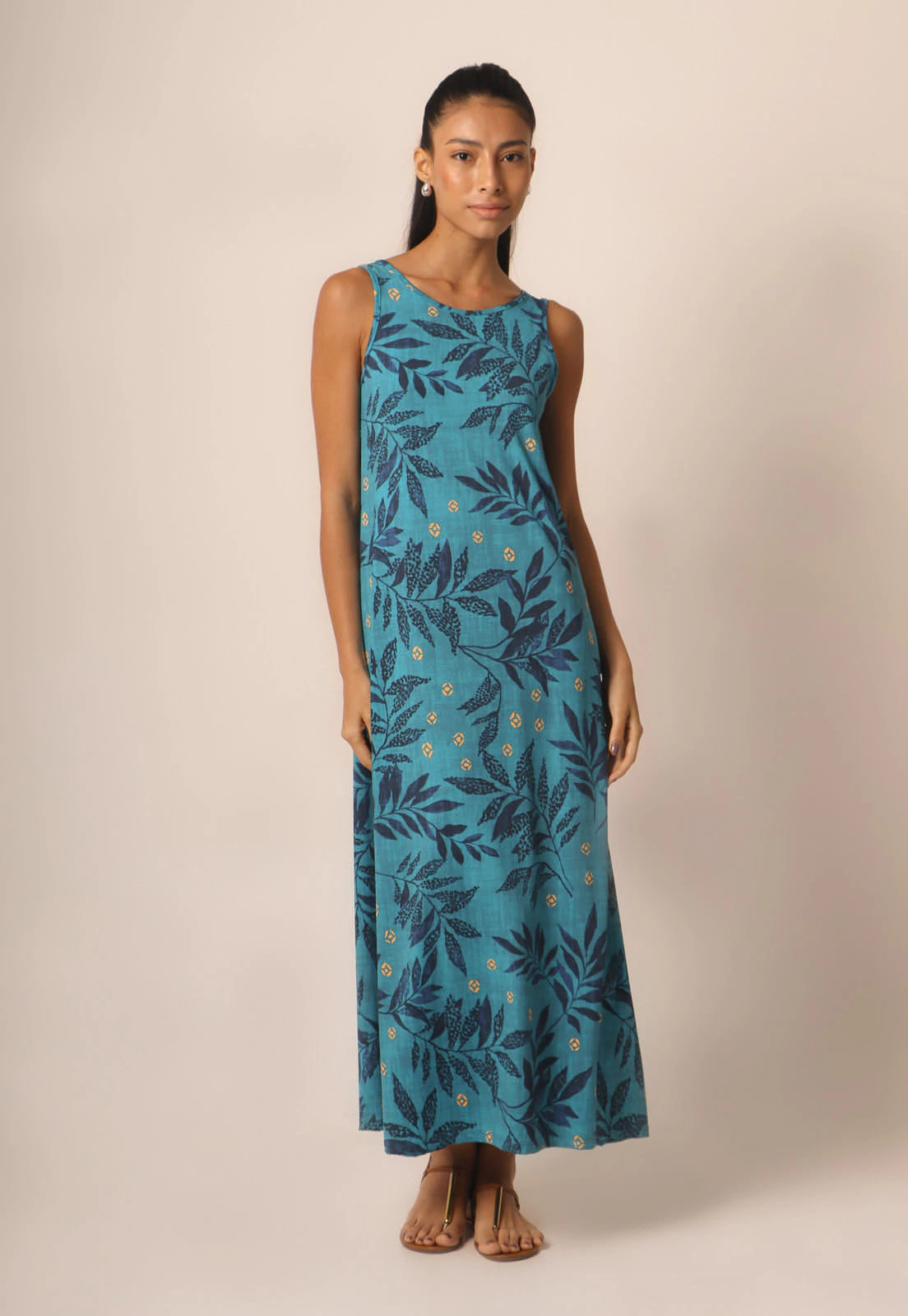 Vestido Fluxy Regata Decote Careca - Nature Print Blue