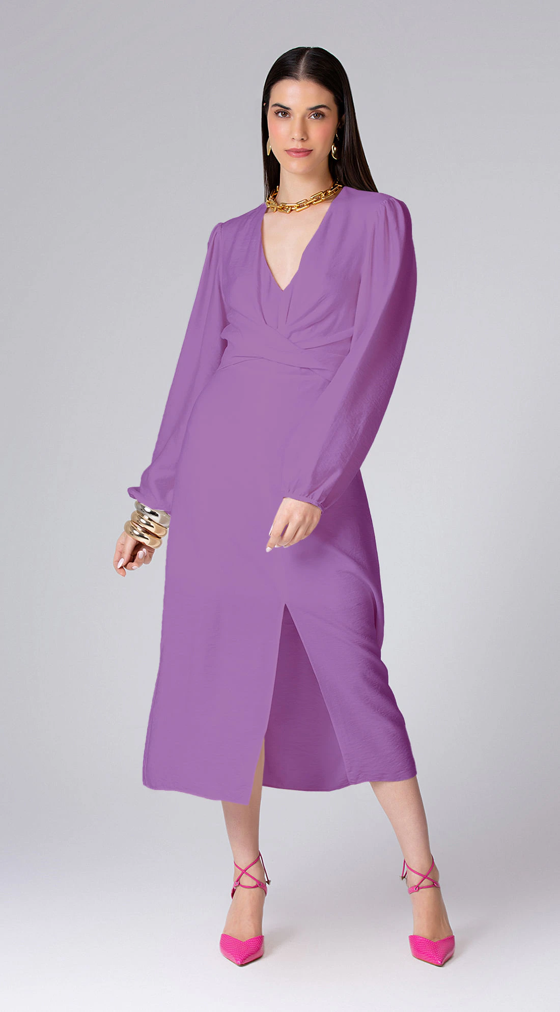 Vestido Maria.Valentina Midi Decote V Com Recorte Roxo