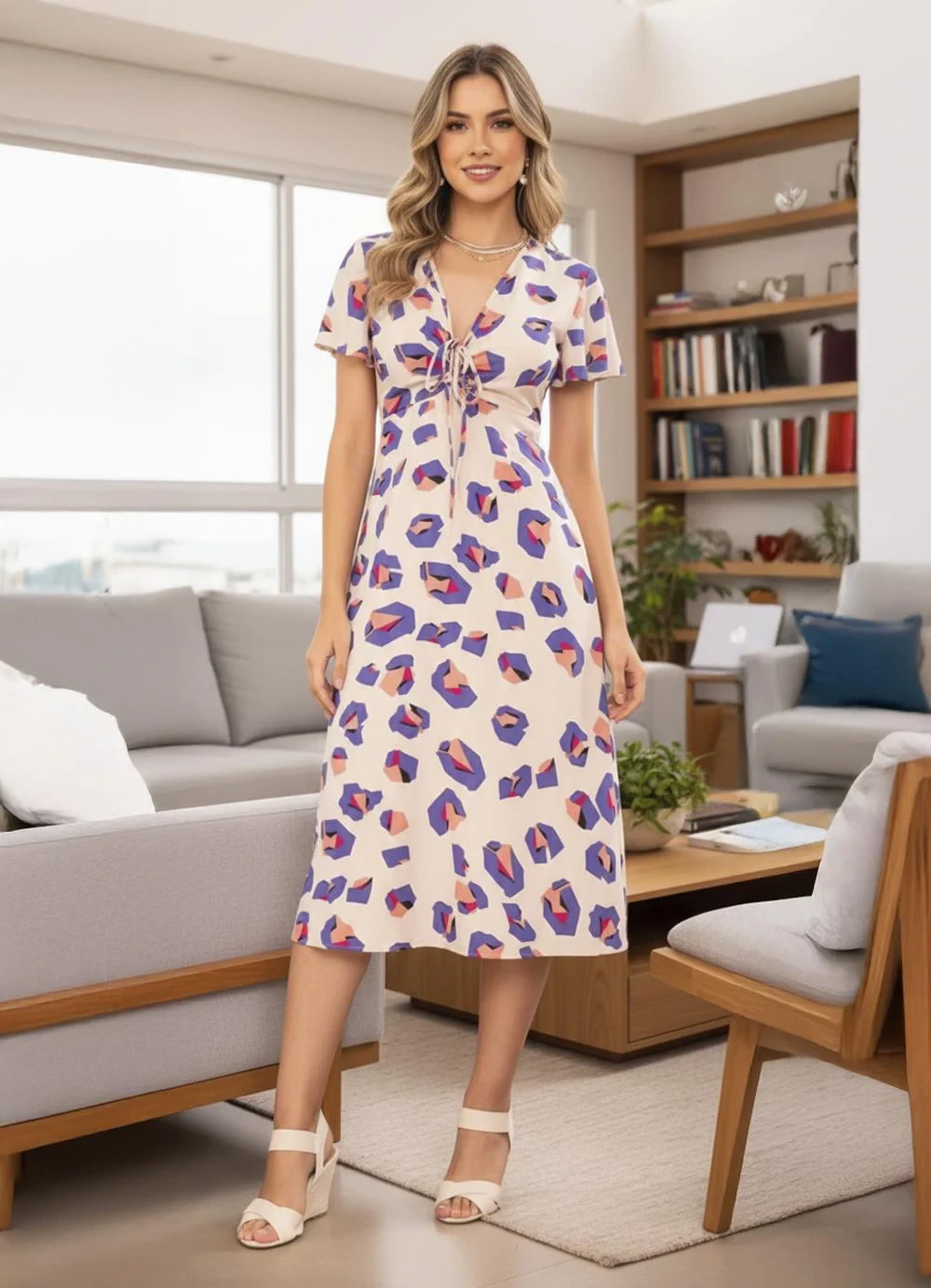 Quintess - Vestido Onça Geométrica em Crepe Plano