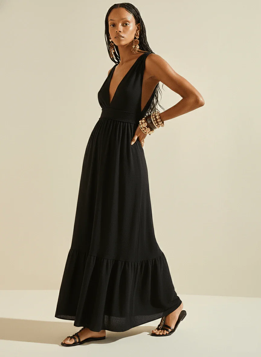 Vestido Morena Rosa Solto Decote V Com Alça Midi Preto
