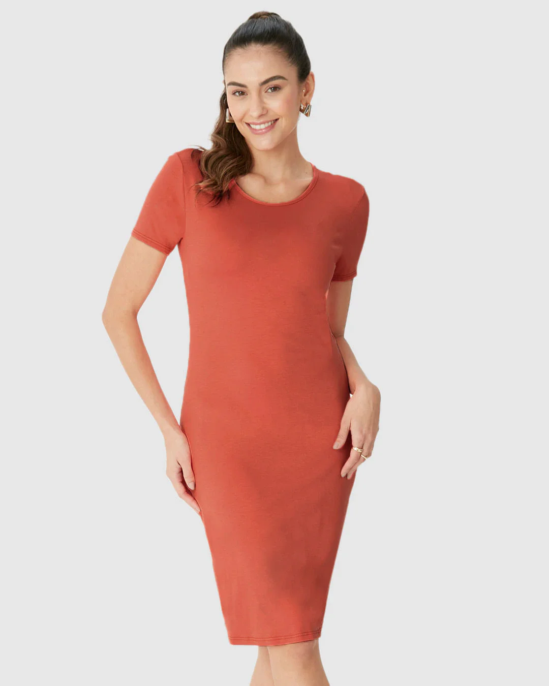 Vestido Básico Feminino Manga Curta Em Viscose Stretch