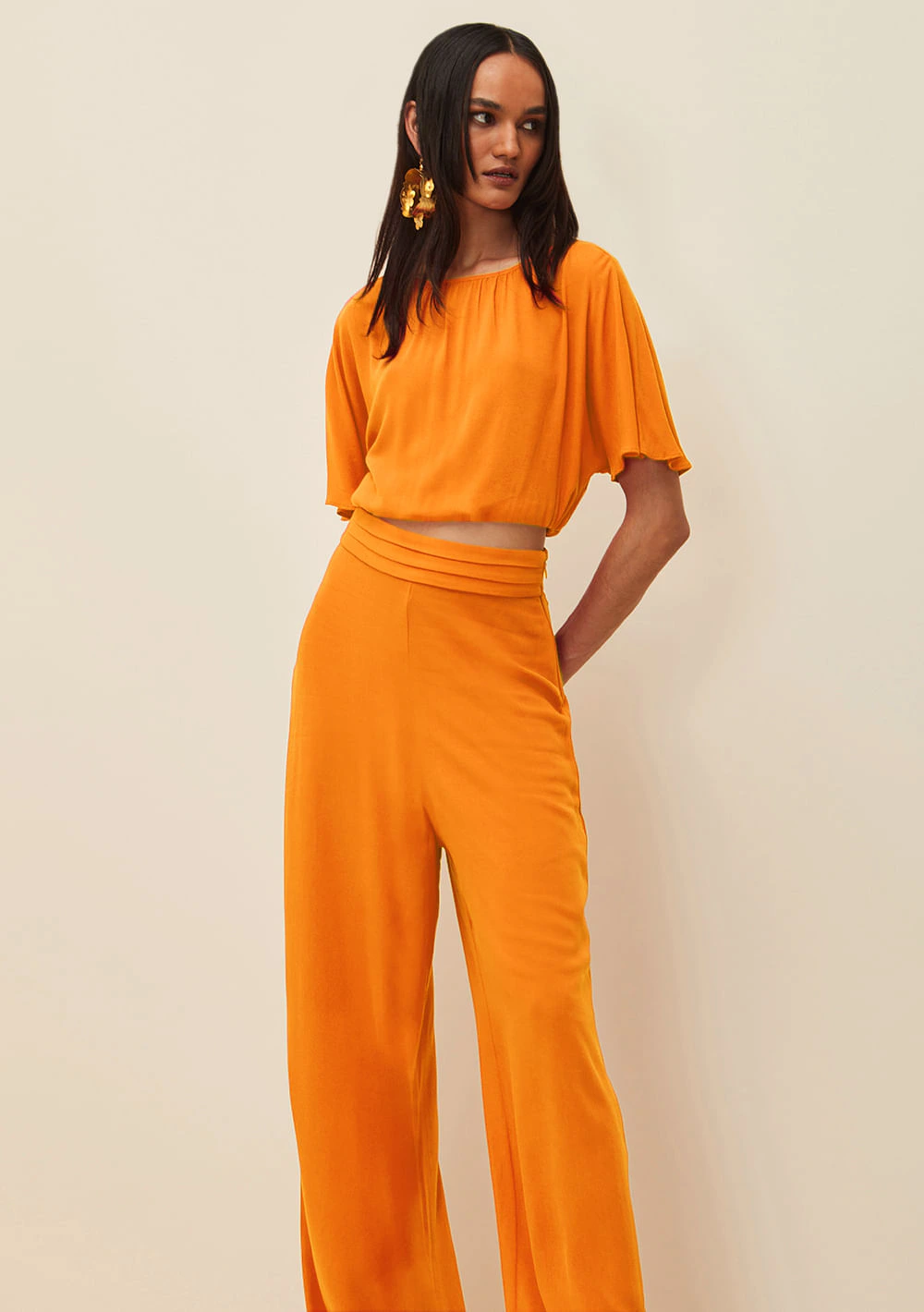 Calca Morena Rosa Reta Cós Alto Bolso Faca Laranja