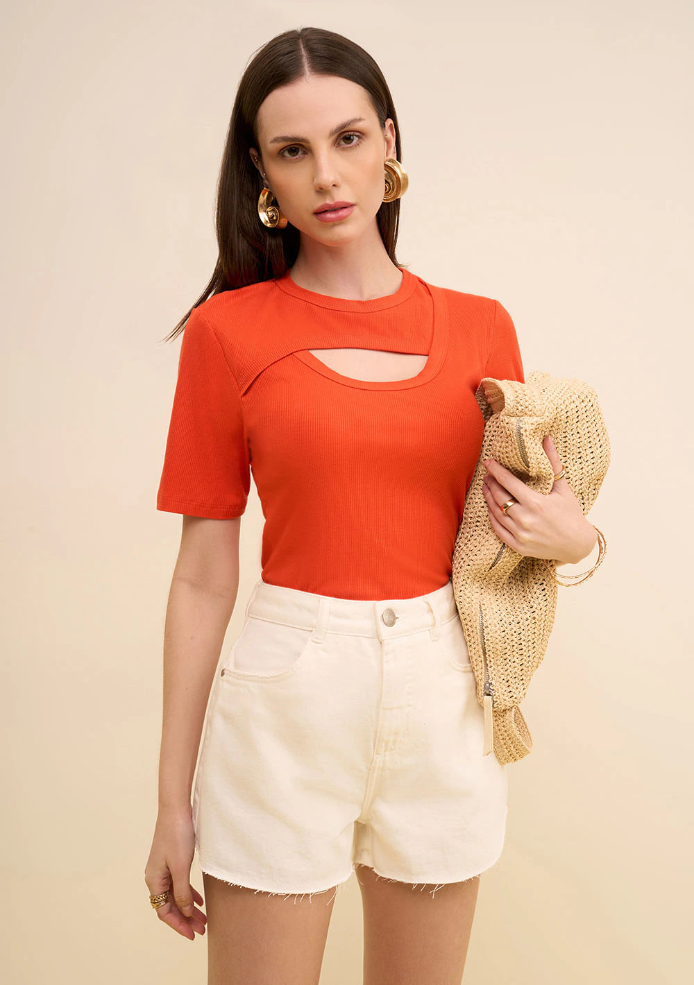 Blusa Zinco Ajustada Decote Careca Manga Curta Padrão Laranja
