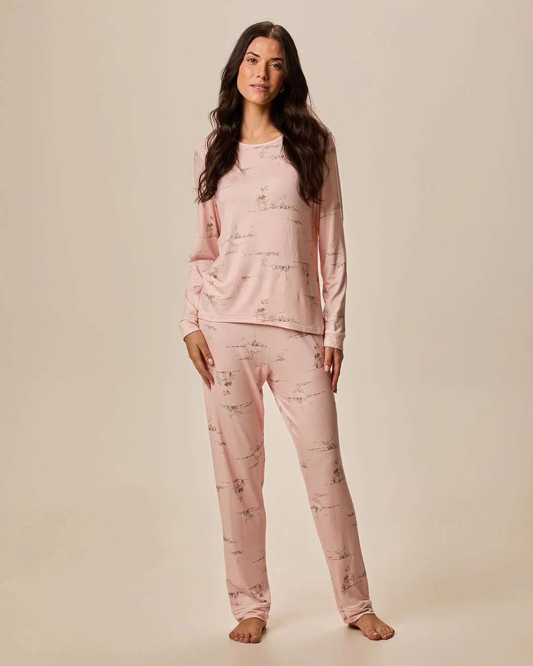 Pijama Longo Feminino Estampa Animal Calça Reta Em Viscose Stretch
