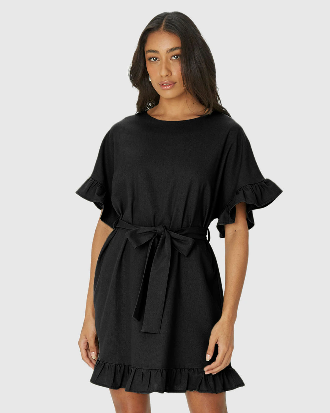 Vestido Feminino Babados Com Cinto Em Viscolinho