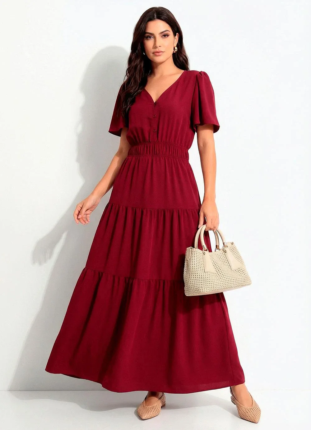 Quintess - Vestido Bordô em Tecido Crepe Plano