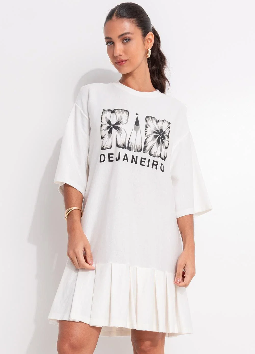 Farm - Vestido Curto Pregas Rio Flor Off White