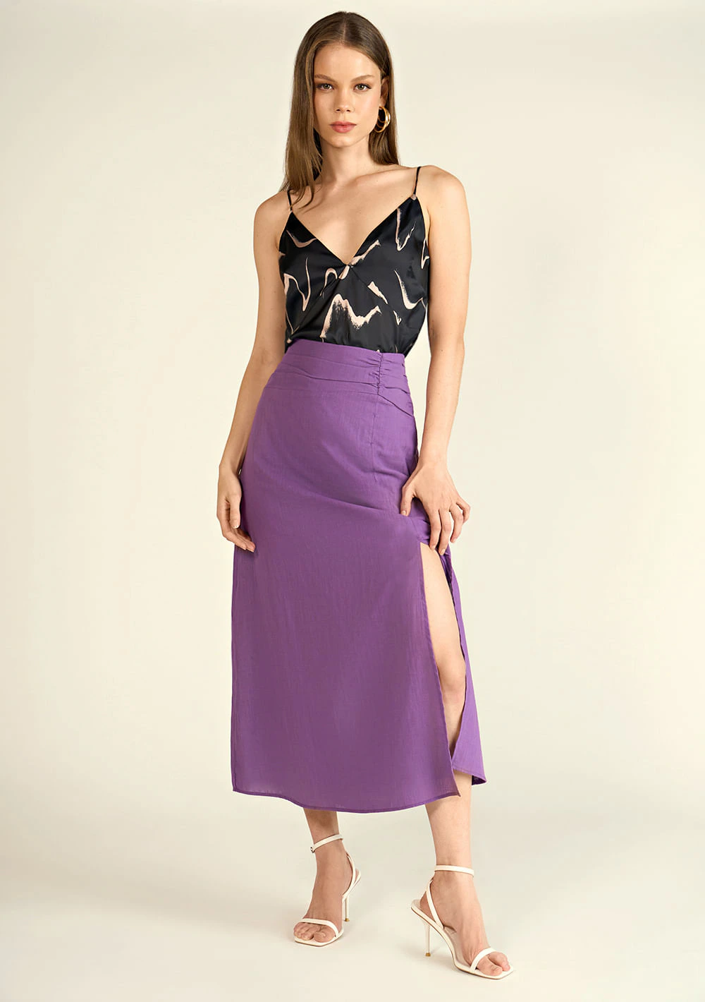 Saia Zinco Midi Reta Com Fenda Roxo
