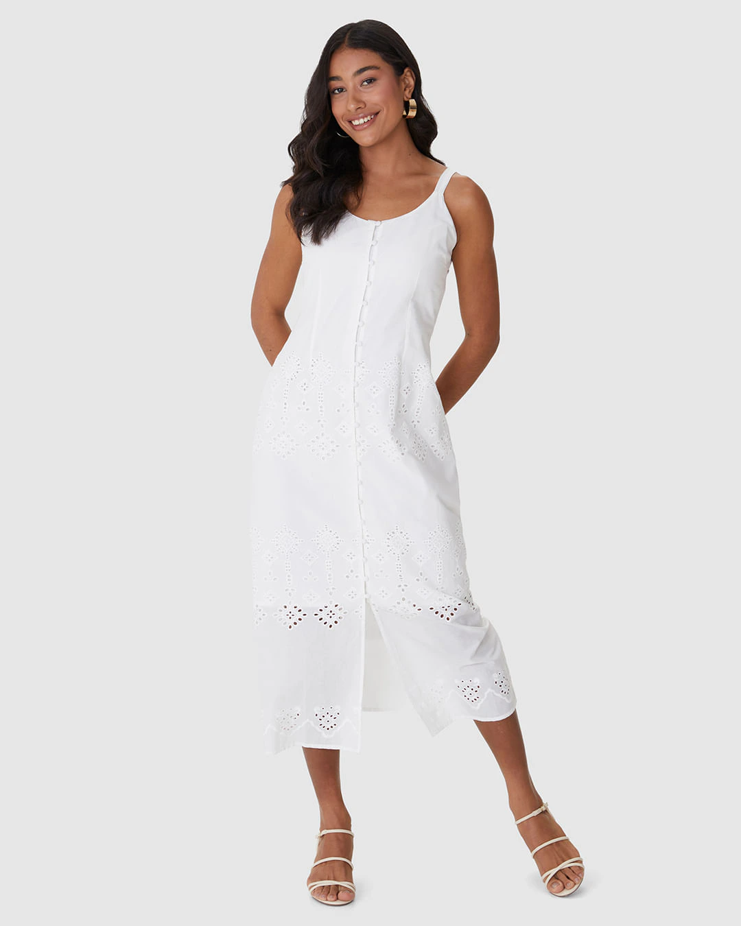 Vestido Midi Feminino Botões Frontais Detalhe Vazado Costas Em Laise Algodão